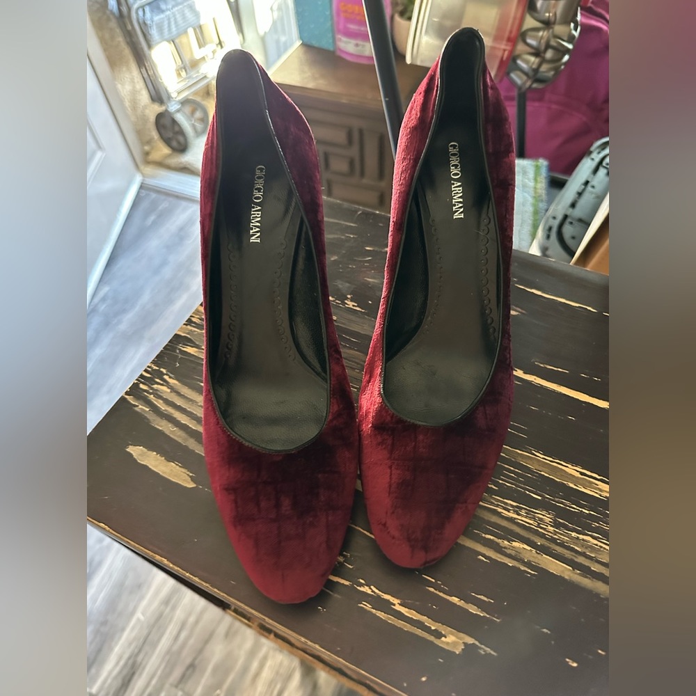 Giorgio Armani velvet wedge heals